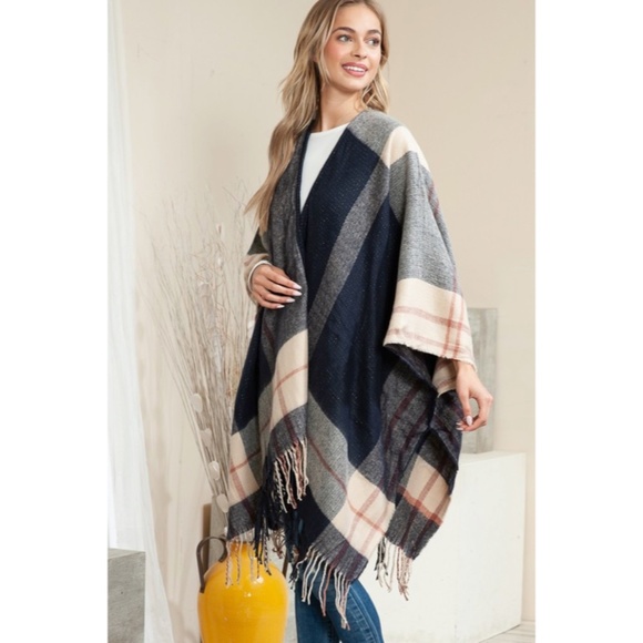 Accessories - SOLD OUT Navy Plaid Knit Tassel Trim Fall Winter Women's One Size Kimono Wrap